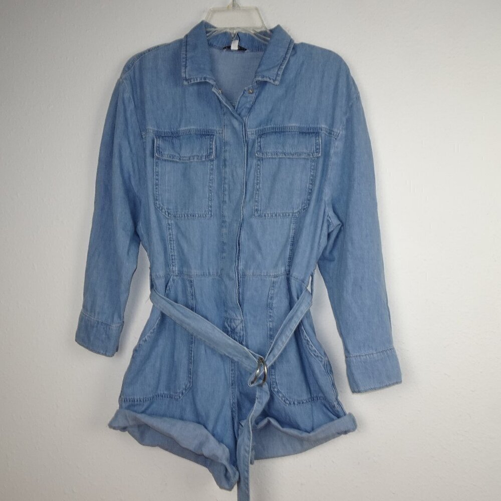 Gianni Bini Romper Women's Size 2 Blue Denim Long Sleeve Snap Front